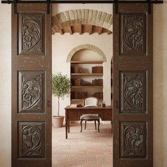 Antique Artisan Carved Door Distress Blue Double Doors Floral Barn Door