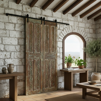 Antique Carved French Doors Green Hues Sliding or Hinged Barn Door