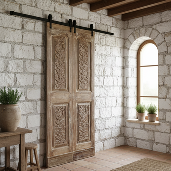 Antique Floral Carved Pantry Door Hinged or Sliding Double Doors