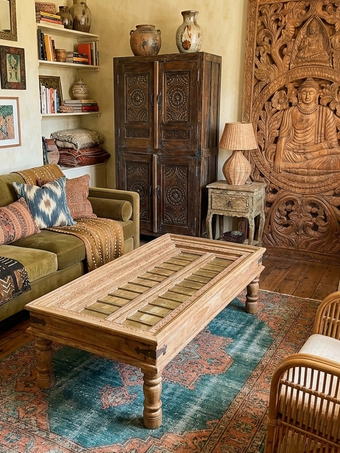 Antique Carved Door Coffee Table – Rustic Brass-Clad Accent Table 59