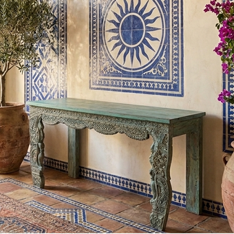 Vintage Ornate Entryway Console – Carved Wood Table with Brass Studs
