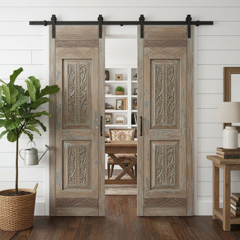 Antique Carved Bedroom Door Distress Blue Floral Barn Door Sliding Doors