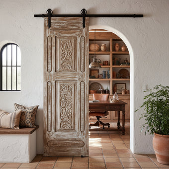 Antique Carved Wooden Door Panel | Distressed Whitewash Floral Barn Door