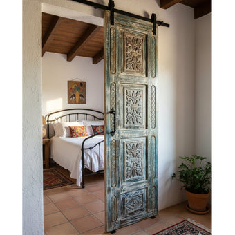 Vintage Carved Door Blue Floral Interior Single Sliding Door