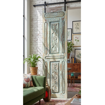 Vintage Carved Green Hues Wooden Barn Door – Single Sliding Panel