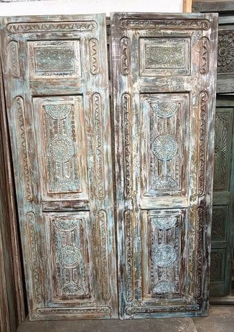 Antique Carved Door Distress Blue Floral Bedroom Entry Doors 96x31.5