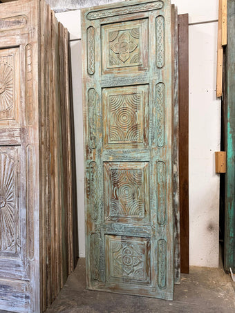 Antique Carved Door Blue Floral Panty Door Rustic Bedroom Door 96x29.5