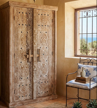 Antique Carved Whitewashed Wardrobe Rustic Cabinet with Iron Studs 80x44