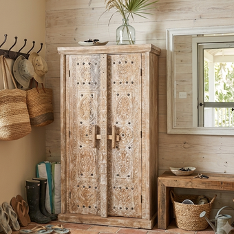 Antique Carved Whitewashed Wardrobe