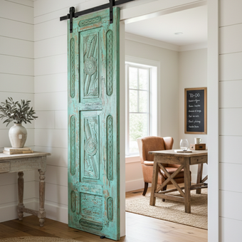 Vintage Carved Door Blue Floral Interior Single Sliding Door 96x29.5