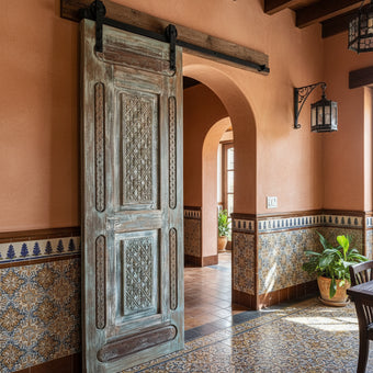 Vintage Carved Door Blue Floral Interior Single Sliding Door