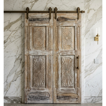 Vintage Whitewashed Door – Sunburst Carved Sliding Barn Door Statement Decor