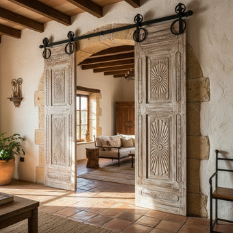 Vintage Barn Door Sunburst Carved Solid Wood Sliding Barn Door