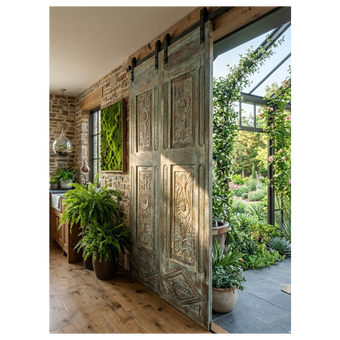 Rustic Carved Wood Door Hinged or Sliding Barn Door