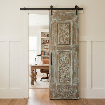 Antique Carved Wooden Door Panel | Distressed Blue Floral Barn Door