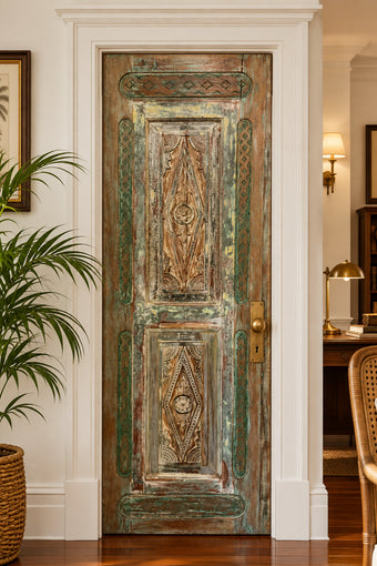 Antique French Distressed Green Barn Door Panel with Ornate Carving
