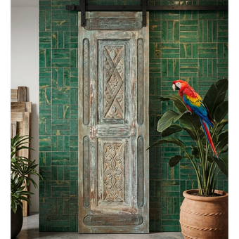 Vintage Carved Wood Barn Door Floral Distressed Teals Large Single Door 96x30