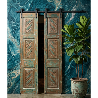 Vintage Carved Wood Double Doors Rustic Farmhouse Blue Gray Barn Doors