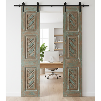Vintage Carved Wood Double Doors Rustic Farmhouse Blue Gray Barn Doors 80x32