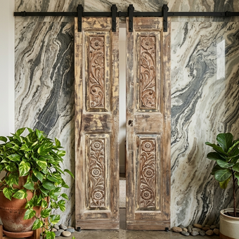 Vintage Carved Closet Doors Brown Floral Reclaimed Wood Double Door 80x32