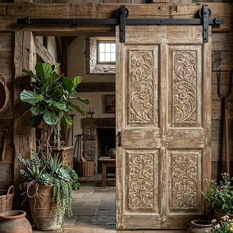 Antique Floral Barn Doors with Studs Carved Hinged or Sliding Double Doors