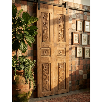Natural Carved Wood Floral Barn Door – Statement Farmhouse Pantry Doors