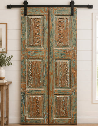 Antique Rustic Double Doors Panel Floral Hand Carved Custom French Doors