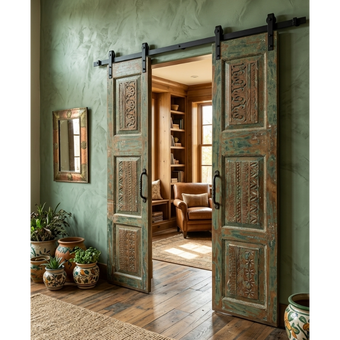 Antique Rustic Double Doors Panel Floral Hand Carved Custom French Doors