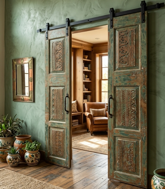 Antique Rustic Double Doors Panel Floral Hand Carved Custom French Doors