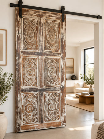 Rustic Midcentury Carved Door Farmhouse Sliding Barn Door 84x36
