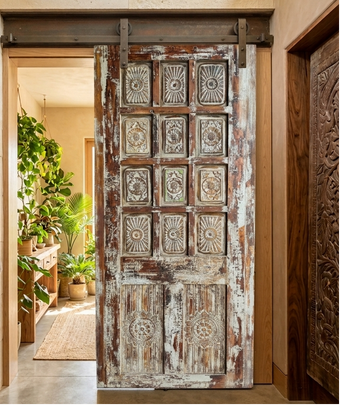 Rustic Farmhouse Barn Door Vintage Carved Blue Accent Hinged Door