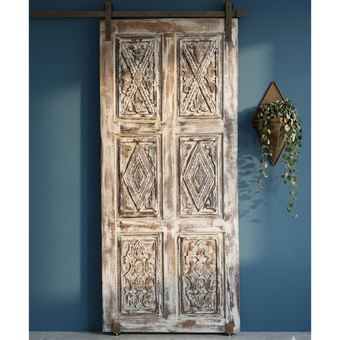 Decorative Carved Wooden Door / Wall Panel – Distressed Whitewashed Finish