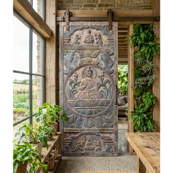 Vintage Hand-Carved Buddha Wall Art Reclaimed Wood Barn Door Panel Zen Decor 83