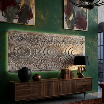 Vintage Carved Wall Panel Whitewash Three Lotus Headboard – Reclaimed Wood Wall Art