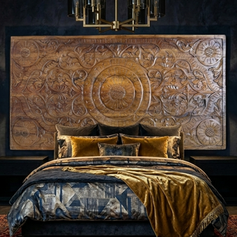 Vintage Boho Lotus Carved Wall Panel Dark Wood Headboard Bedroom Decor