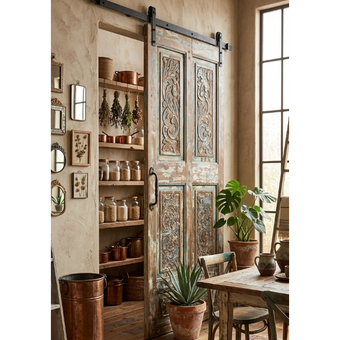 Antique Carved Blue Floral Closet Door Rustic Sliding Barn Door Wall Panel
