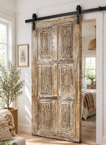Antique Carved Closet Door Blue Floral Hinged or Sliding Barn Door Panel
