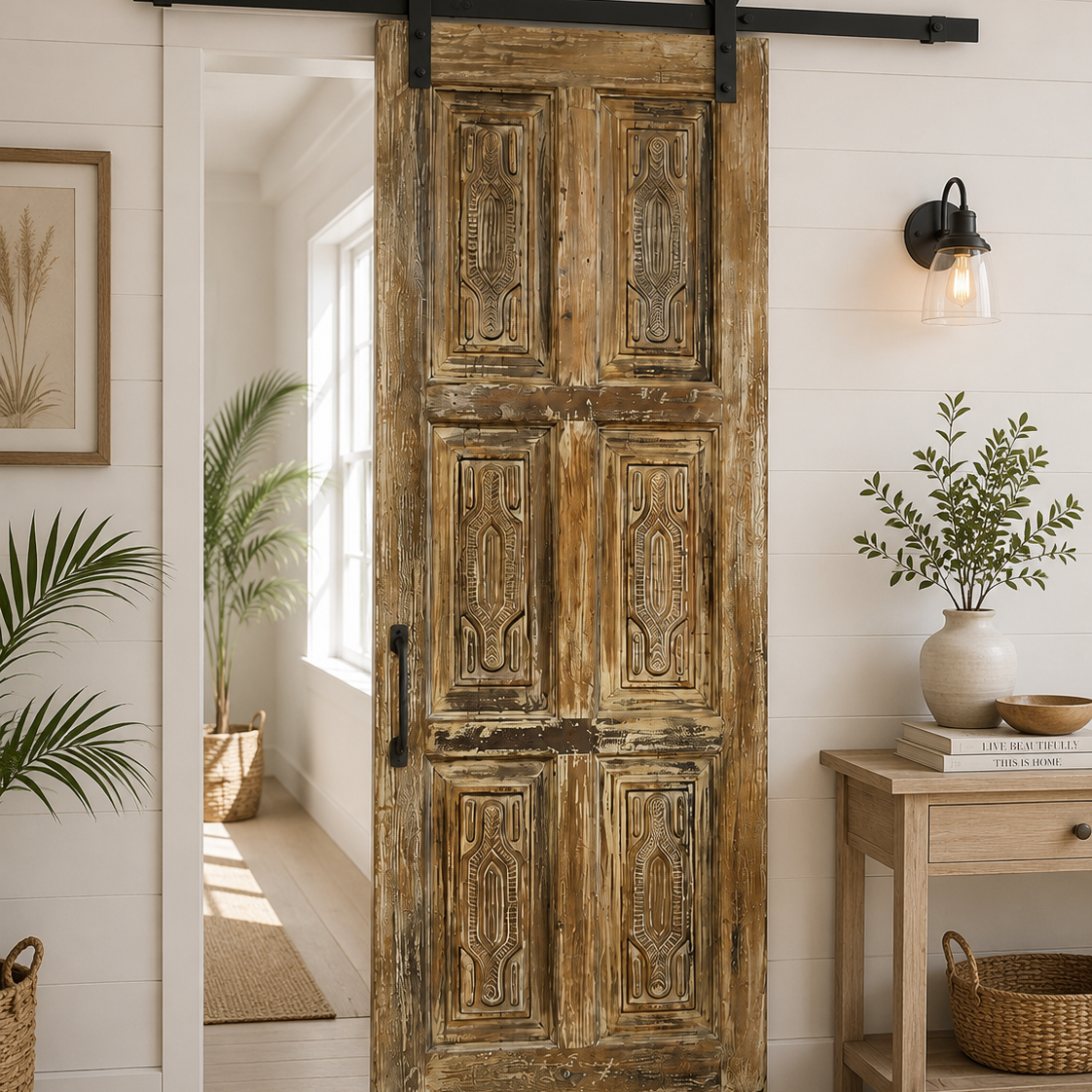 Rustic Modern Whitewashed Carved Wood Door with Six Panel Design
