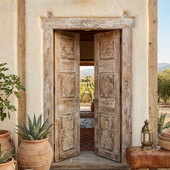 Antique Indian Carved Om Door | Vintage Whitewashed Double Exterior Door