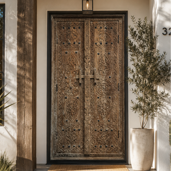 Antique Indian Hand-Carved Double Doors | Rustic Farmhouse Architectural Salvage