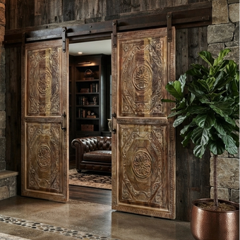 Vintage Double Carved Entry Doors Rustic Reclaimed Wood Barn Doors 96x36