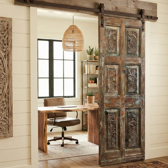 Antique Carved Blue Patina Barn Door