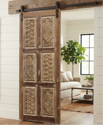 Vintage Floral Carved Natural Wood Single Door