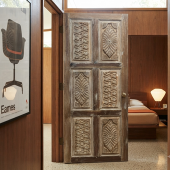 Vintage Floral Carved Natural Wood Single Door