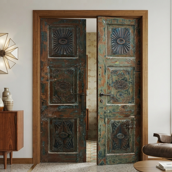 Antique Sunburst Carved Wood Double Doors