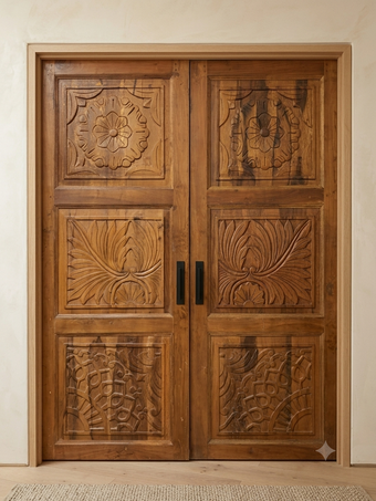 Rustic Modern Carved Door Panels Floral Carved Wooden Entry Doors 80x30