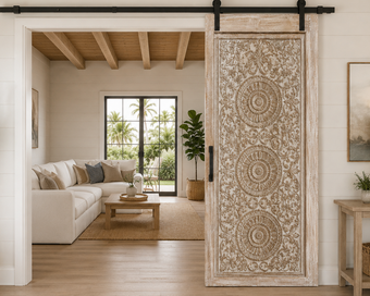 Hand-Carved Mandala Door Whitewashed Lotus Double Side Carved Door