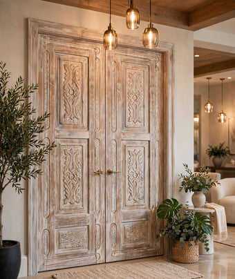 Antique Carved Wood Barn Doors Whitewashed Floral Farmhouse Entry Doors
