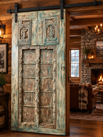 Distressed Blue-Green Patina, Reclaimed Wood Statement Door