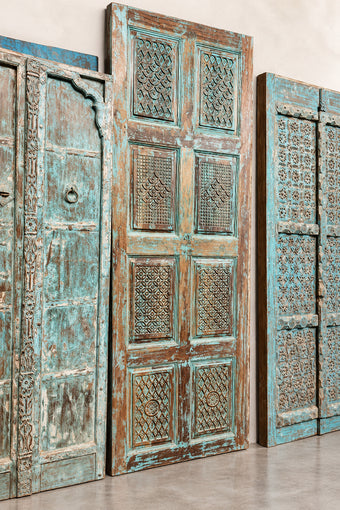 Antique Blue Distressed Barn Door – Hand Carved Reclaimed Wood Door, Turquoise Patina Geometric Panels